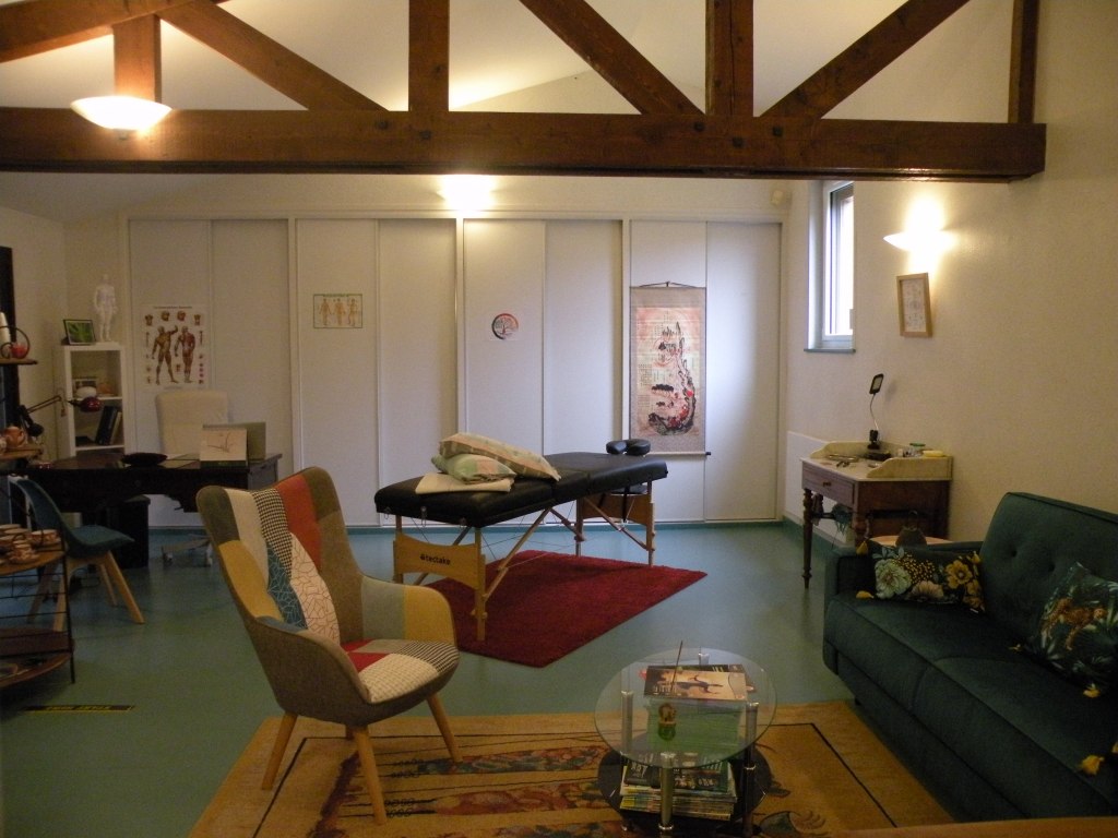 Vue du cabinet d'ethnomédecine chinoise avec en premier plan la partie salon et au fond la table de soins.