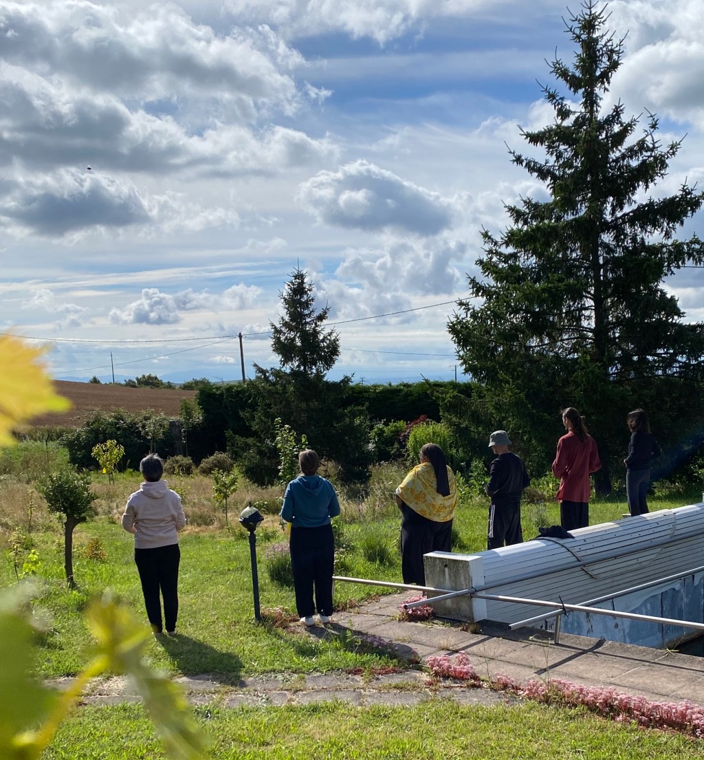 Six personnes pratiquant le QI GONG face au soleil dans un jardin