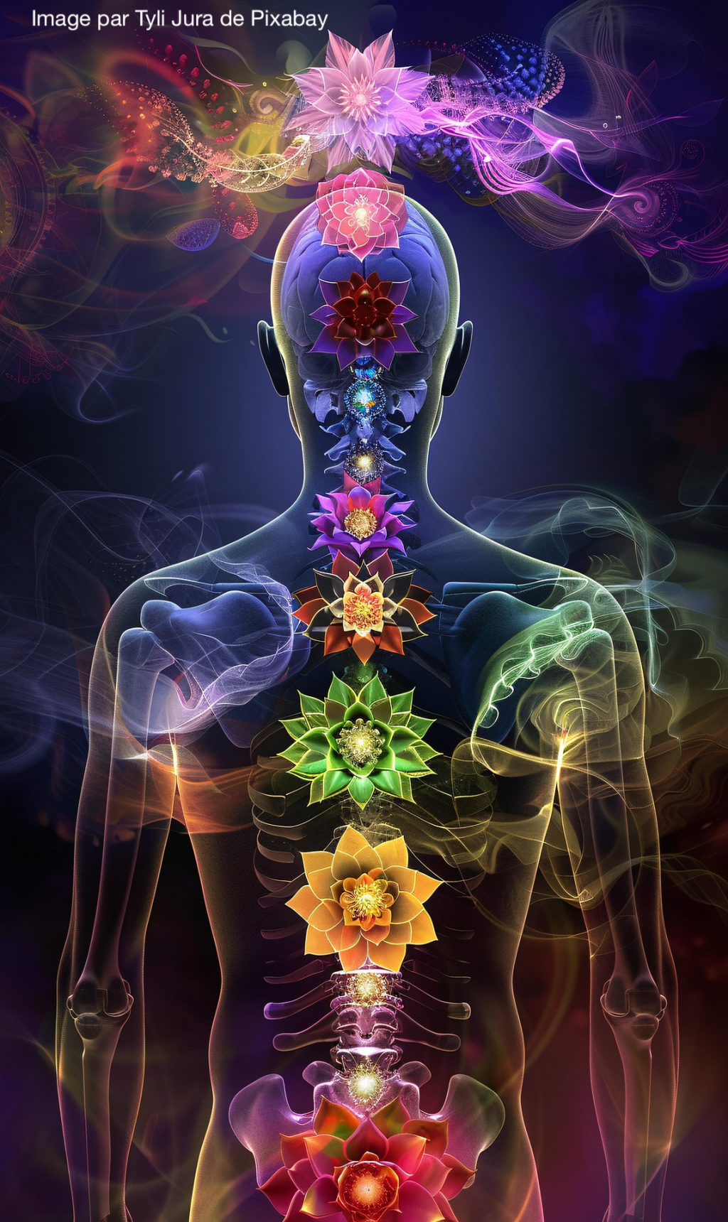 Image générée par intellignece artificielle libre de droit représente un humain de dos avec des fleurs de vie le long de la colonne vertébrale